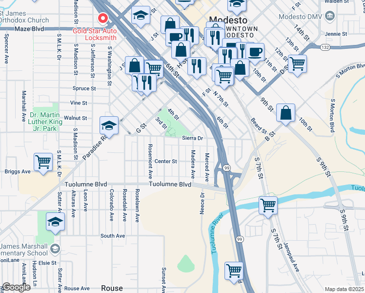 map of restaurants, bars, coffee shops, grocery stores, and more near 115 Fresno Avenue in Modesto