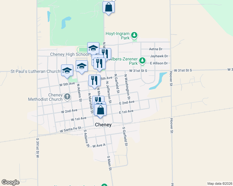 map of restaurants, bars, coffee shops, grocery stores, and more near 403 North Garfield Street in Cheney