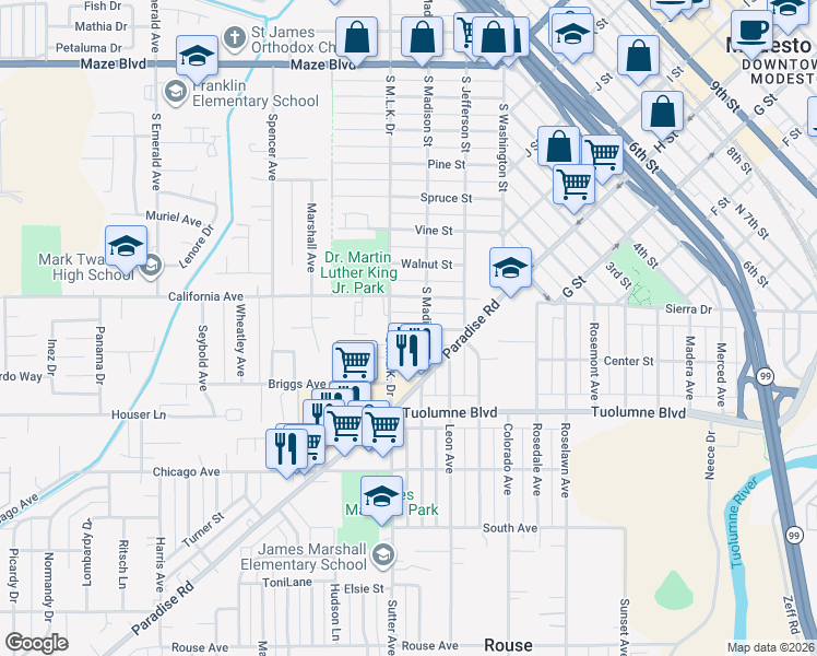 map of restaurants, bars, coffee shops, grocery stores, and more near 308 Ruberto Street in Modesto