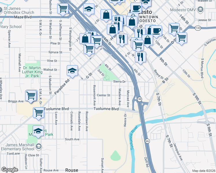 map of restaurants, bars, coffee shops, grocery stores, and more near 116 Fresno Avenue in Modesto