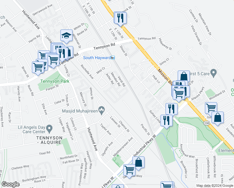 map of restaurants, bars, coffee shops, grocery stores, and more near 29173 De La Cruz Road in Hayward