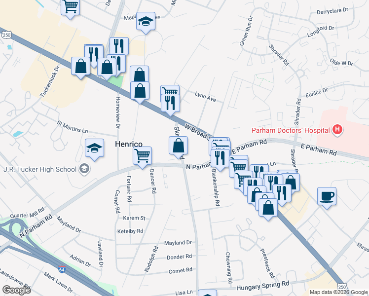 map of restaurants, bars, coffee shops, grocery stores, and more near 3211 Skipwith Road in Richmond