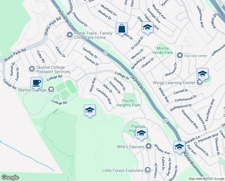 map of restaurants, bars, coffee shops, grocery stores, and more near 220 Allen Drive in San Bruno