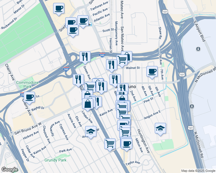 map of restaurants, bars, coffee shops, grocery stores, and more near 810 Masson Avenue in San Bruno