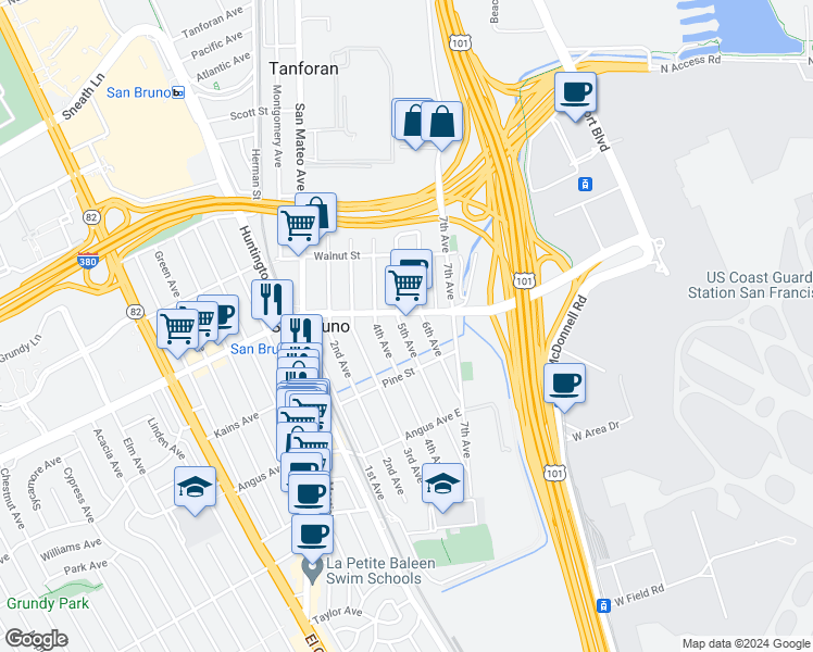 map of restaurants, bars, coffee shops, grocery stores, and more near 764 5th Avenue in San Bruno