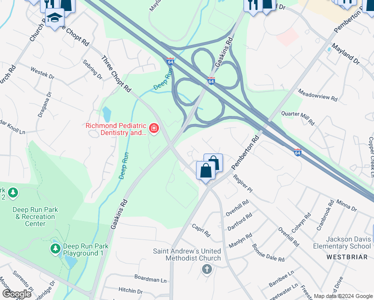 map of restaurants, bars, coffee shops, grocery stores, and more near 10028 Joppa Place in Richmond