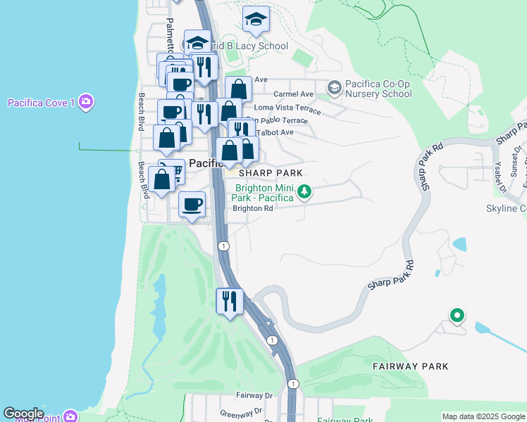 map of restaurants, bars, coffee shops, grocery stores, and more near 380 Brighton Road in Pacifica