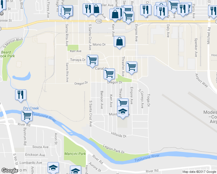 map of restaurants, bars, coffee shops, grocery stores, and more near 611 Kerr Avenue in Modesto