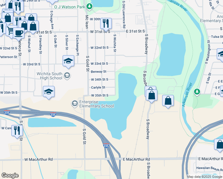 map of restaurants, bars, coffee shops, grocery stores, and more near 311 Carlyle Street in Wichita