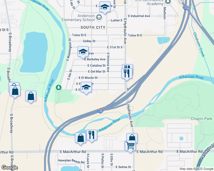 map of restaurants, bars, coffee shops, grocery stores, and more near 1421 East Fortuna Street in Wichita