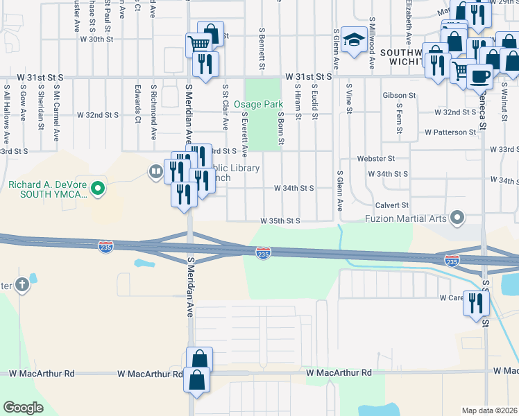 map of restaurants, bars, coffee shops, grocery stores, and more near 3531 South Bennett Street in Wichita