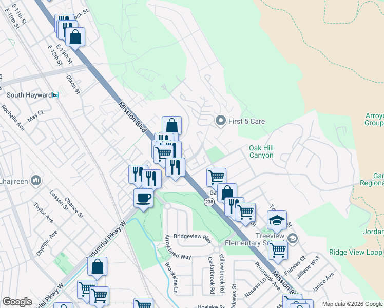 map of restaurants, bars, coffee shops, grocery stores, and more near 29629 Mountain Oak Court in Hayward