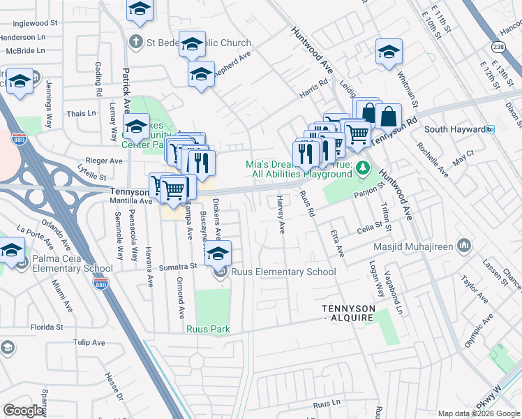 map of restaurants, bars, coffee shops, grocery stores, and more near 27989 Lancelot Court in Hayward