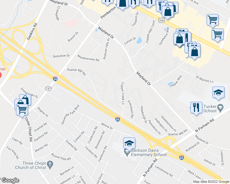 map of restaurants, bars, coffee shops, grocery stores, and more near 3030 Quarter Creek Lane in Henrico