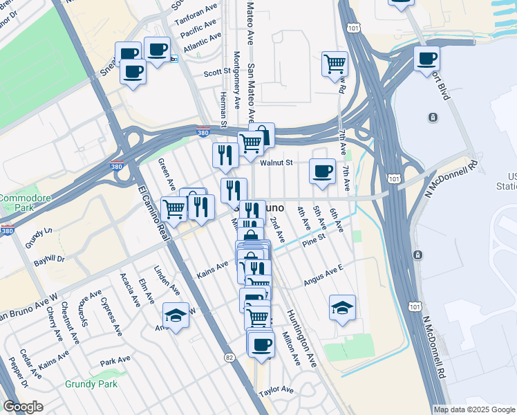 map of restaurants, bars, coffee shops, grocery stores, and more near in San Bruno