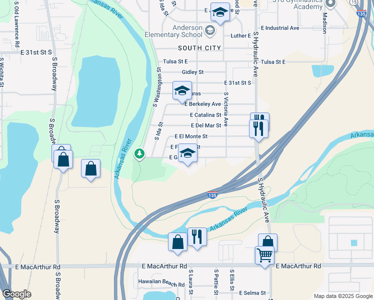 map of restaurants, bars, coffee shops, grocery stores, and more near 1233 East Fortuna Street in Wichita