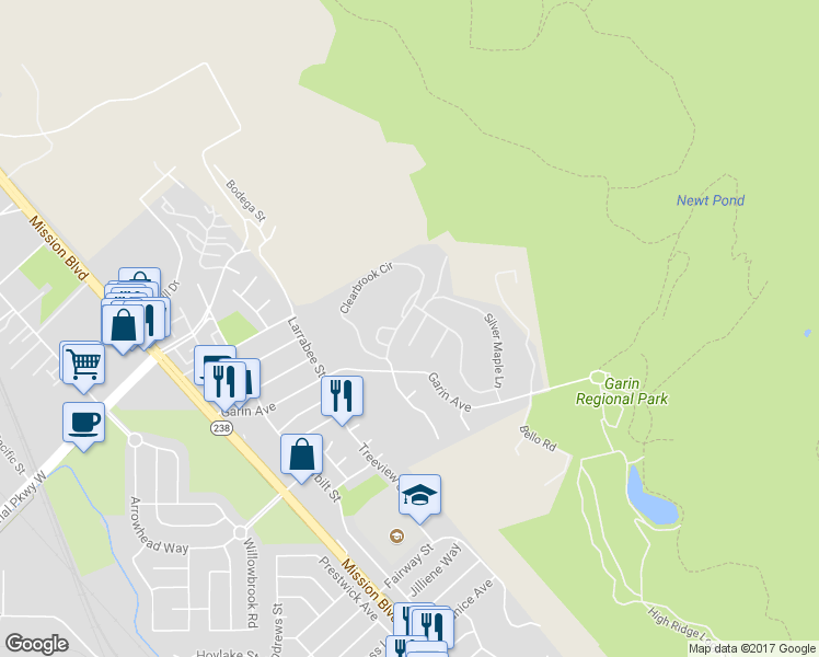 map of restaurants, bars, coffee shops, grocery stores, and more near 29925 Sugar Maple Court in Hayward