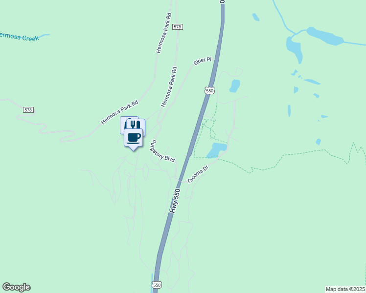 map of restaurants, bars, coffee shops, grocery stores, and more near 49619 U.S. 550 in Durango