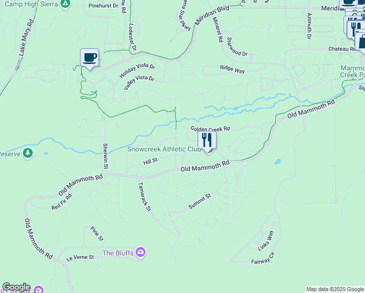 map of restaurants, bars, coffee shops, grocery stores, and more near 549 Golden Creek Road in Mammoth Lakes