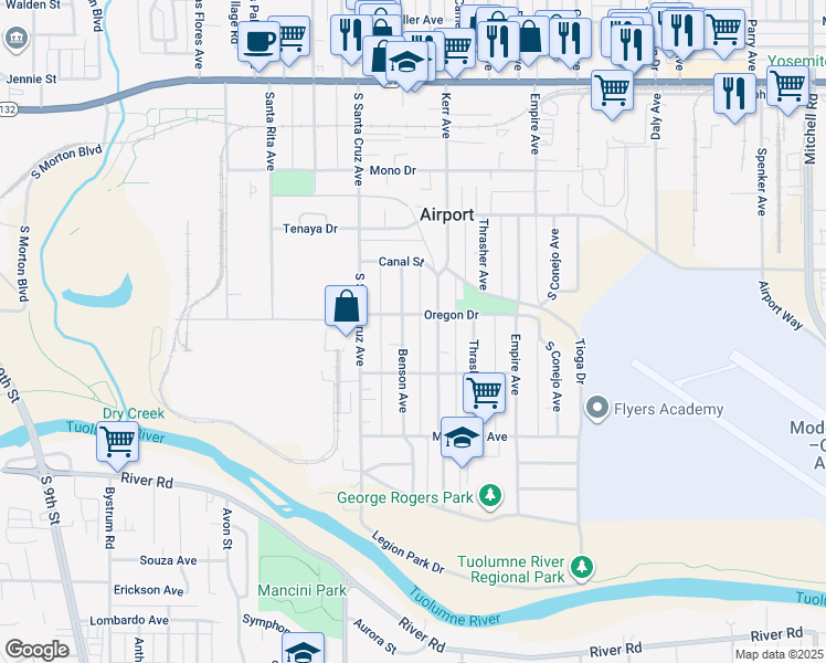 map of restaurants, bars, coffee shops, grocery stores, and more near 611 Kerr Avenue in Modesto