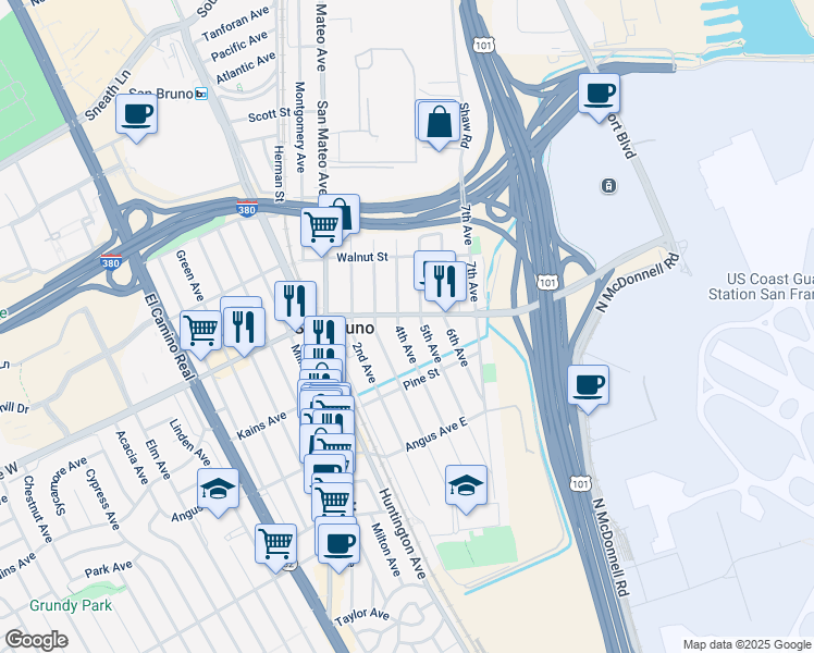 map of restaurants, bars, coffee shops, grocery stores, and more near 764 5th Avenue in San Bruno