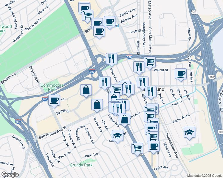 map of restaurants, bars, coffee shops, grocery stores, and more near 876 Hensley Avenue in San Bruno