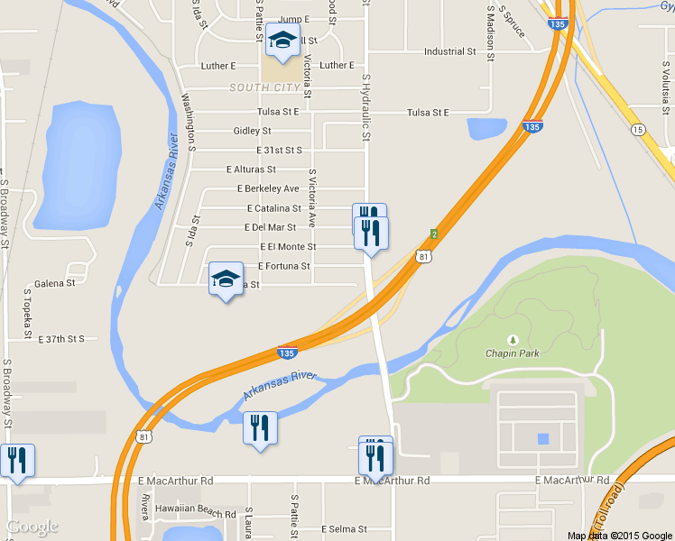map of restaurants, bars, coffee shops, grocery stores, and more near 1523 East Fortuna Street in Wichita