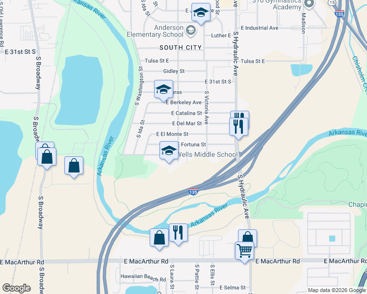map of restaurants, bars, coffee shops, grocery stores, and more near 1315 East Fortuna Street in Wichita