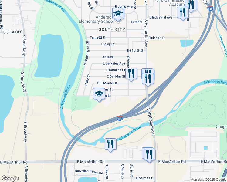 map of restaurants, bars, coffee shops, grocery stores, and more near 1315 East Fortuna Street in Wichita