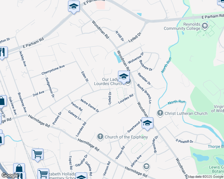 map of restaurants, bars, coffee shops, grocery stores, and more near 8215 Lydell Drive in Richmond