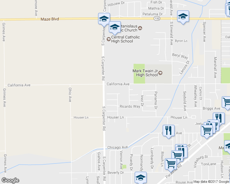 map of restaurants, bars, coffee shops, grocery stores, and more near 1405 Tupper Lane in Modesto