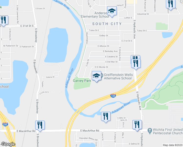 map of restaurants, bars, coffee shops, grocery stores, and more near 1201 East Fortuna Street in Wichita
