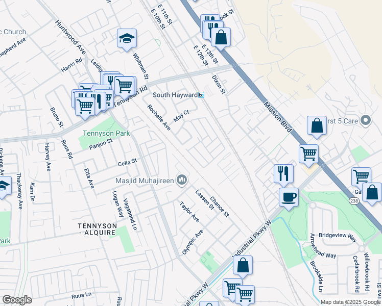 map of restaurants, bars, coffee shops, grocery stores, and more near 29130 Delgado Road in Hayward