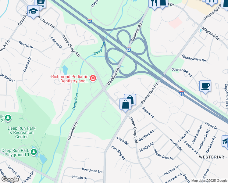 map of restaurants, bars, coffee shops, grocery stores, and more near 10028 Joppa Place in Richmond