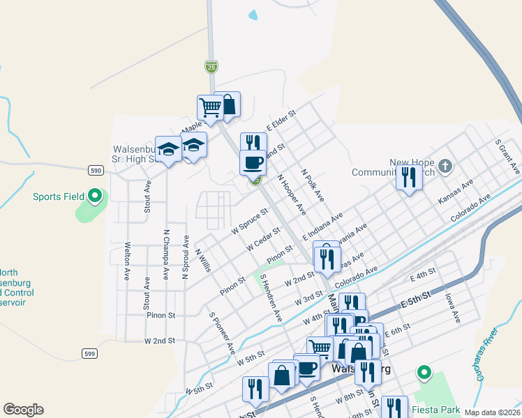 map of restaurants, bars, coffee shops, grocery stores, and more near 100 West Spruce Street in Walsenburg