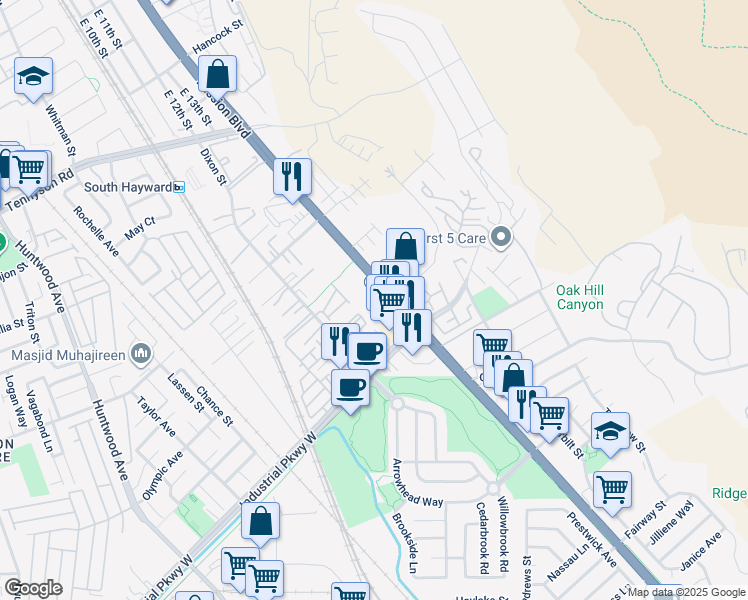 map of restaurants, bars, coffee shops, grocery stores, and more near 29505 Mission Boulevard in Hayward