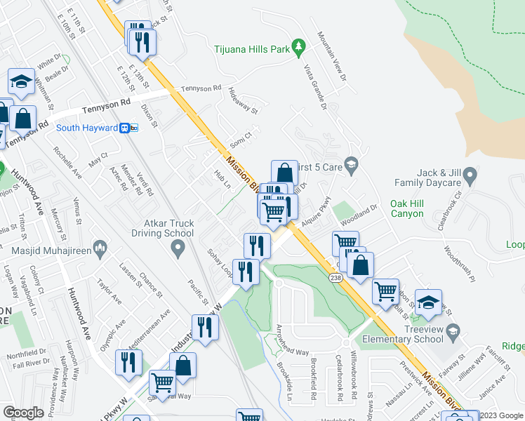 map of restaurants, bars, coffee shops, grocery stores, and more near 29503 Mission Boulevard in Hayward