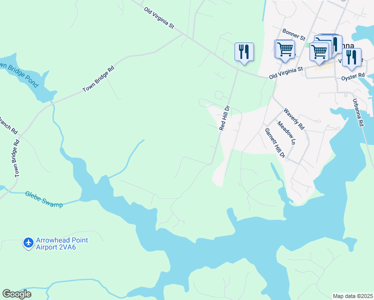 map of restaurants, bars, coffee shops, grocery stores, and more near 480 Red Hill Drive in Urbanna