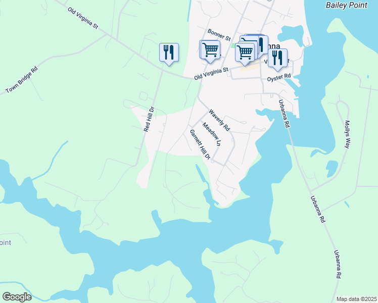 map of restaurants, bars, coffee shops, grocery stores, and more near 207 Laurel Hill Drive in Urbanna