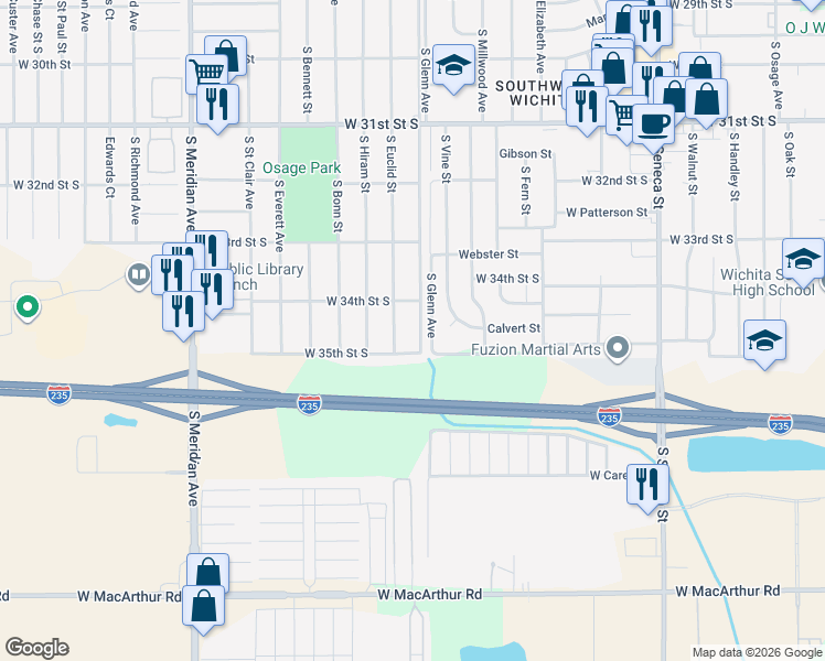 map of restaurants, bars, coffee shops, grocery stores, and more near 3529 S Glenn Ave in Wichita