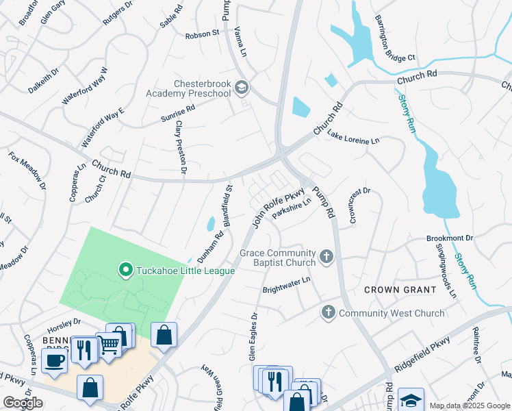 map of restaurants, bars, coffee shops, grocery stores, and more near 2608 Shire Lane in Henrico