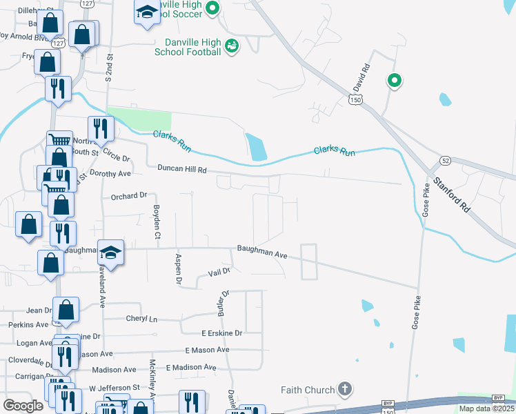 map of restaurants, bars, coffee shops, grocery stores, and more near 40 Alexander Drive in Danville