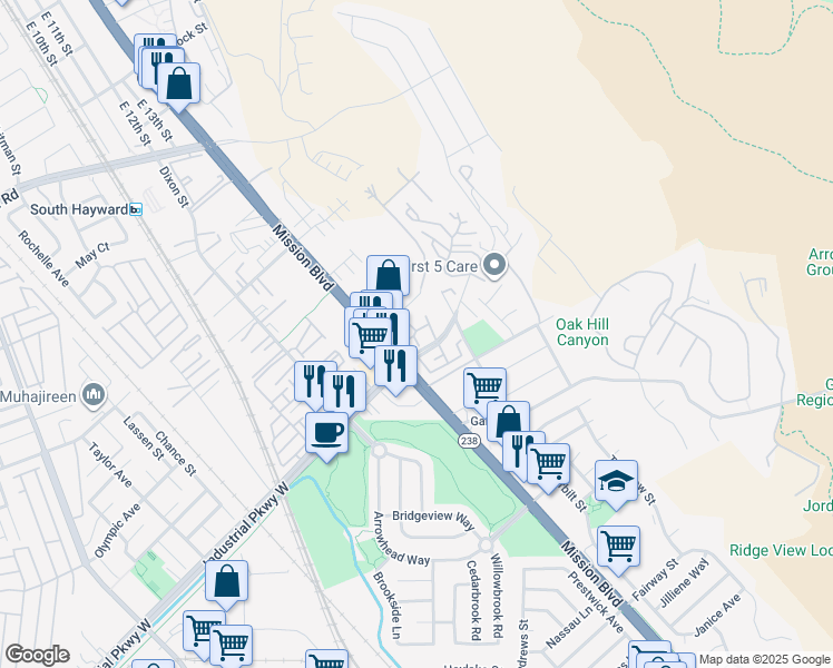 map of restaurants, bars, coffee shops, grocery stores, and more near 655 River Oak Way in Hayward