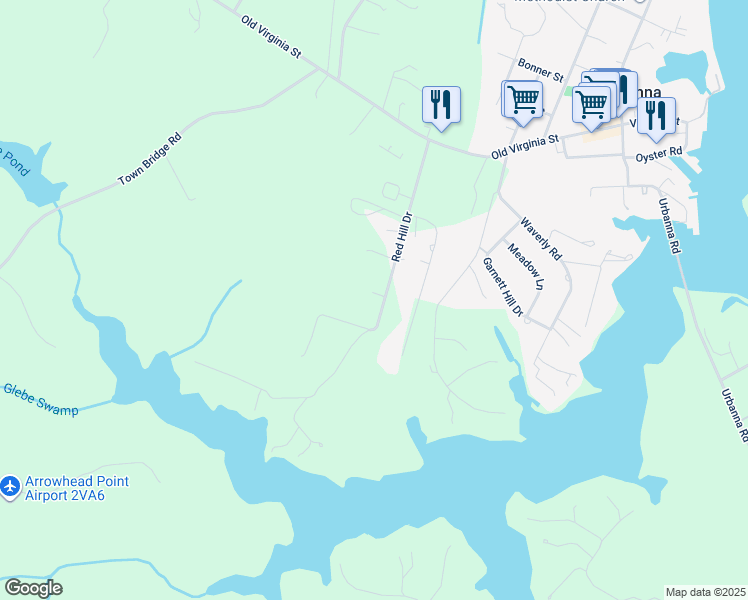 map of restaurants, bars, coffee shops, grocery stores, and more near 396 Red Hill Drive in Urbanna