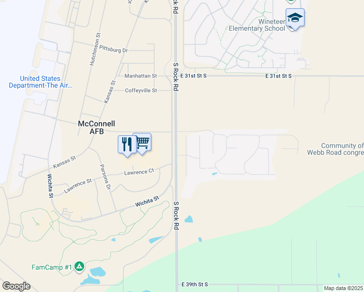 map of restaurants, bars, coffee shops, grocery stores, and more near 3636 South Rock Road in Wichita
