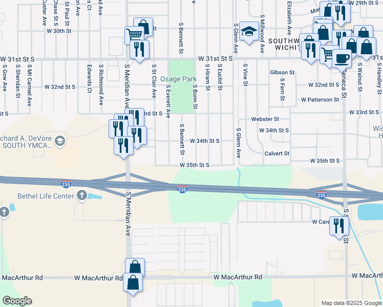 map of restaurants, bars, coffee shops, grocery stores, and more near 3530 South Bonn Street in Wichita