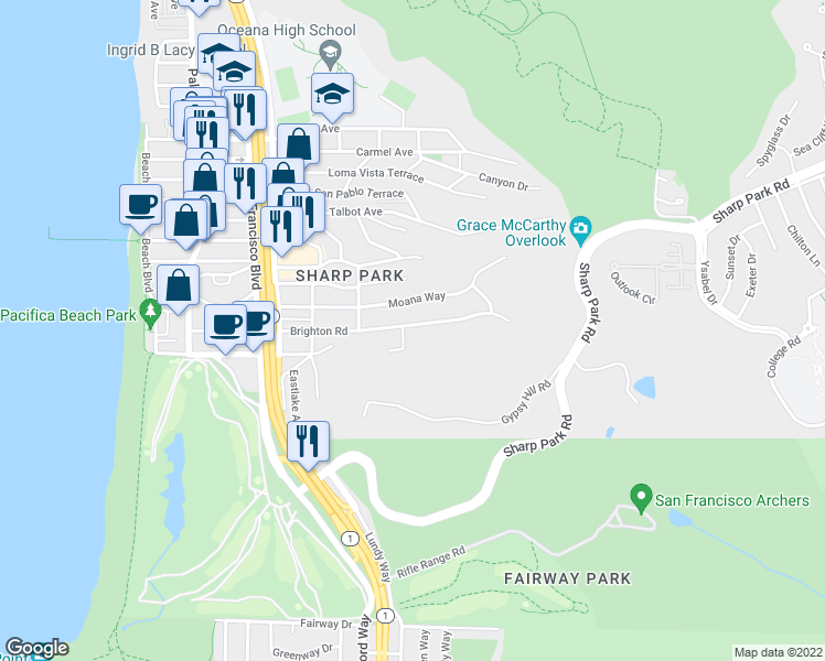 map of restaurants, bars, coffee shops, grocery stores, and more near 510 Brighton Road in Pacifica