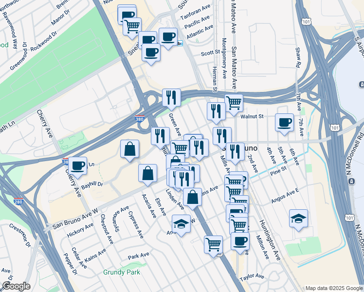 map of restaurants, bars, coffee shops, grocery stores, and more near 871 Green Avenue in San Bruno
