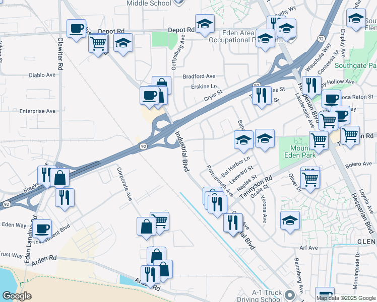 map of restaurants, bars, coffee shops, grocery stores, and more near 2799 Cook Place in Hayward