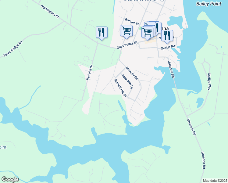 map of restaurants, bars, coffee shops, grocery stores, and more near 207 Laurel Hill Drive in Urbanna